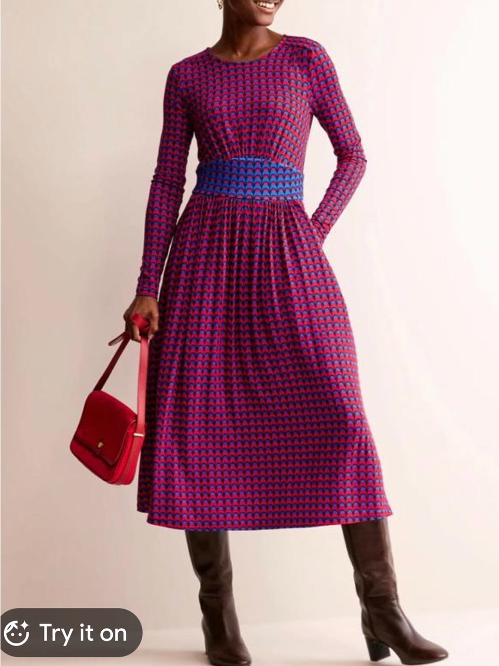 Women's BODEN Thea Jersey Knit Midi Dress Blue & Red Viscose Size 8P 8 Petite